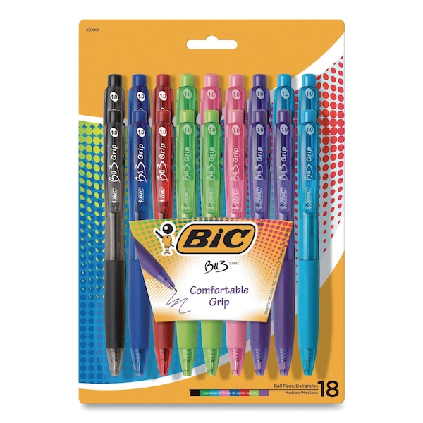 Bic BU3 Ballpoint Pen, Retractable, Medium 1 mm, Assorted Fashion Ink and Barrel Colors, PK18, 18PK WX7ST272-AST - main